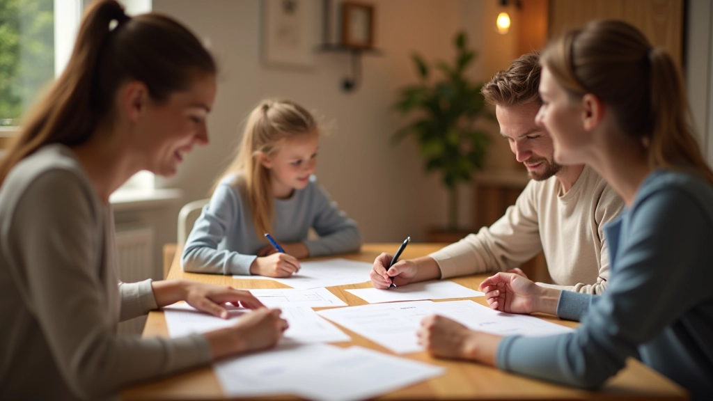 Rodina sedí u stolu a plánuje měsíční výdaje a spořeníí