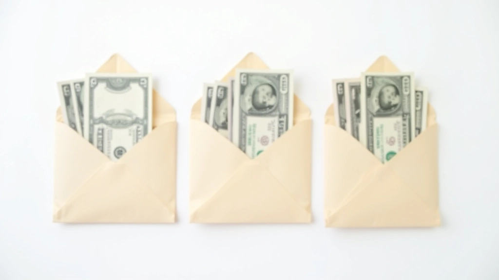 Papírové obálky v řadě na stole s penězi a popisky kategorií rozpočtu