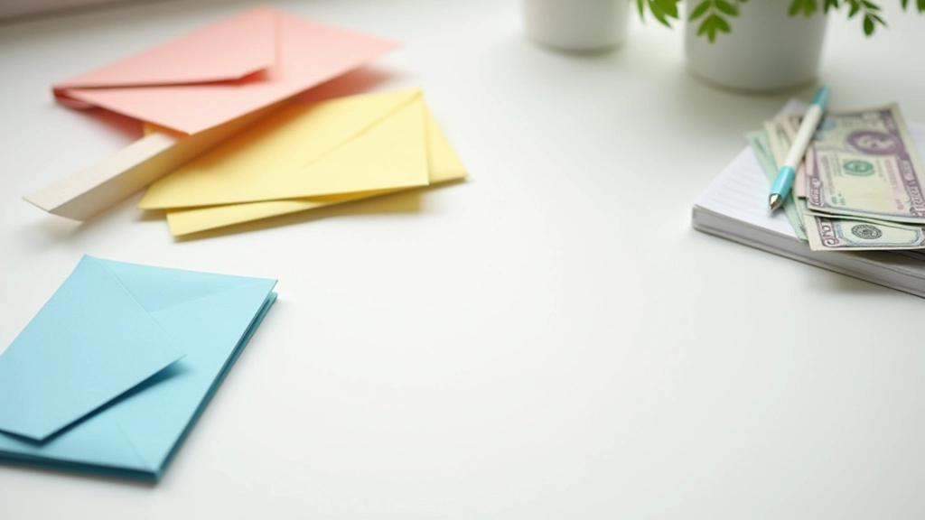 Sada barevných obálek s penízi na pracovním stole se sešitem a tužkou