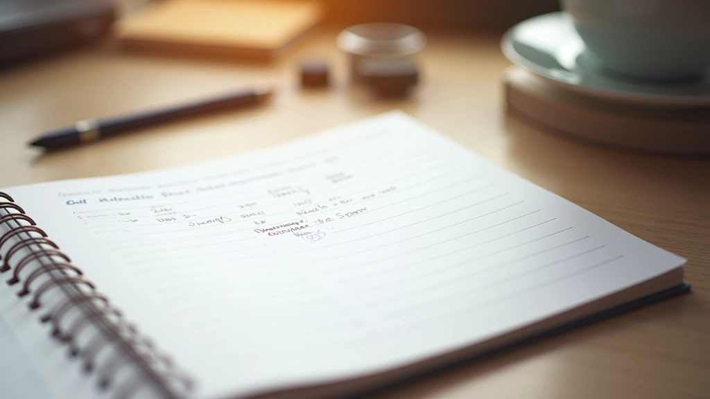 Notebook s poznámkami o flexibilním rozpočtu a čajovým šálkem