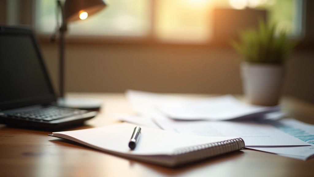Psací stůl se sešitem, kalkulačkou a perem v teplém světle