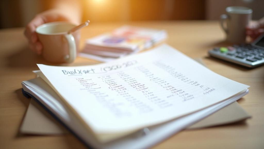 Sešit s rozpočtem a kalkulačkou na stole