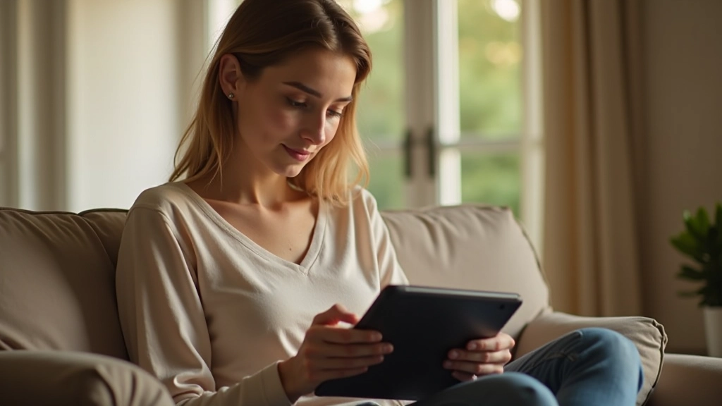 Žena čte článek o rozpočtu na tabletu doma